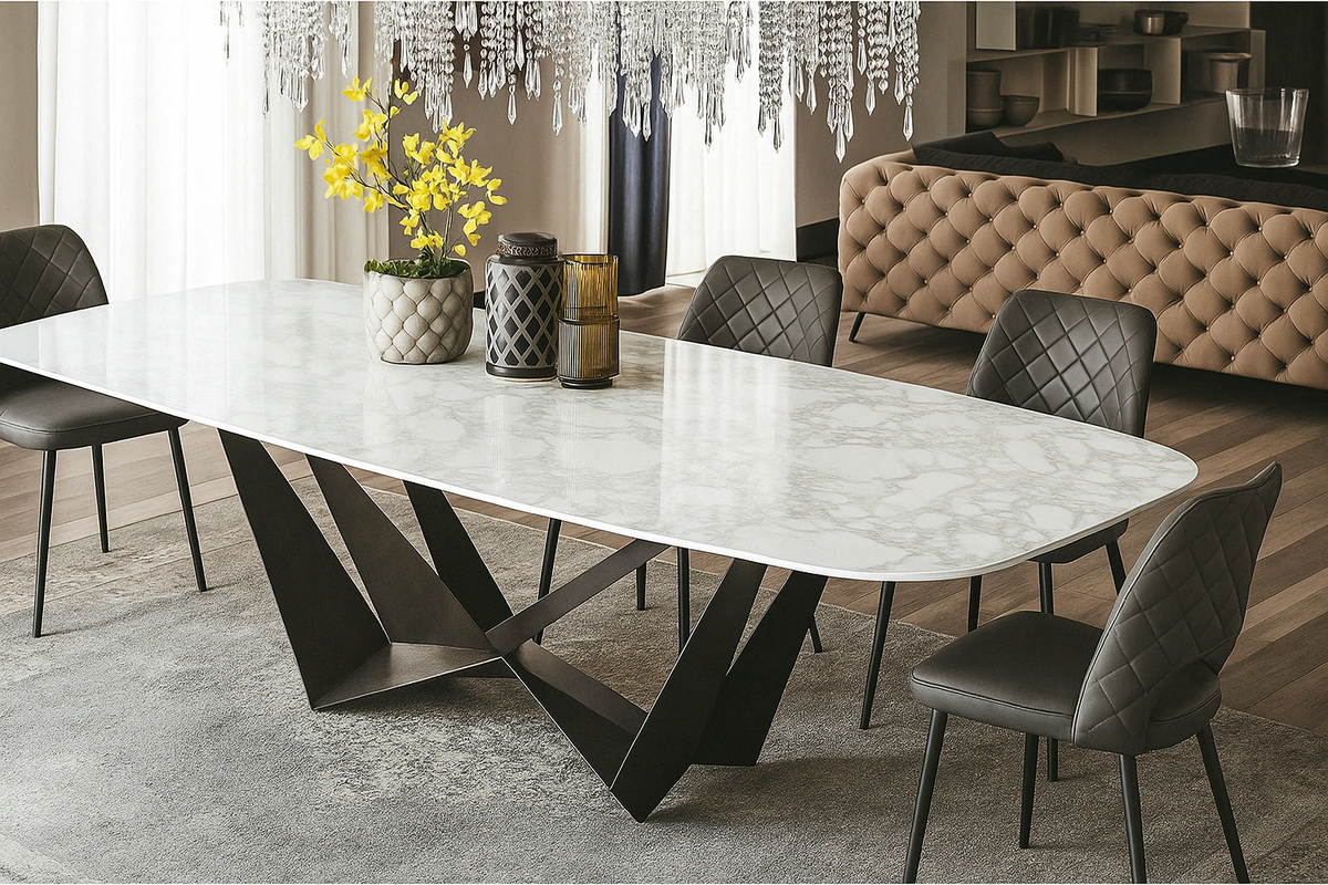 Luxury rectangular Light Calacatta marble dining table with black butterfly metal base, paired with grey pu leather dining chairs, perfect for modern dining rooms in Australia.