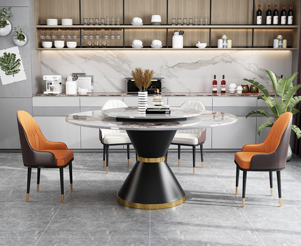 Round Marble Dining Table (Speaker Base) with 6/8x Dining Chairs & FREE MASSAGE CHAIR