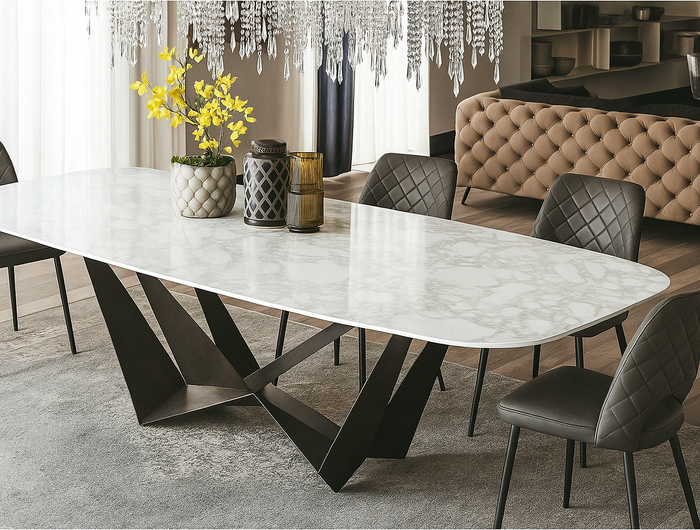 Luxury rectangular Light Calacatta marble dining table with black butterfly metal base, paired with grey pu leather dining chairs, perfect for modern dining rooms in Australia.