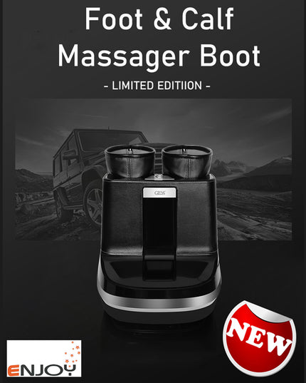Compact black foot and calf massager boot, designed for deep tissue massage and ultimate leg relaxation.